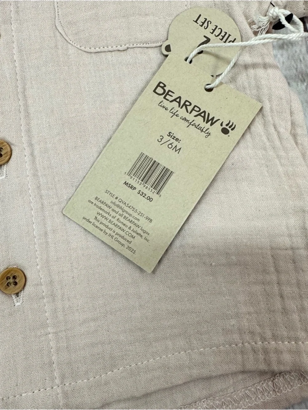 NWT BearPaw Beige 3pc short Set infant 3-6M neutral summer beach travel